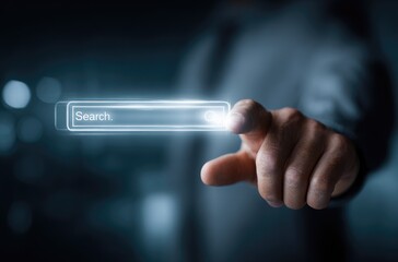 Hand hovering over a glowing search bar