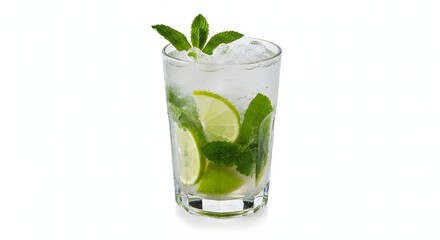Refreshing mojito cocktail with lime mint and ice in a tall glass