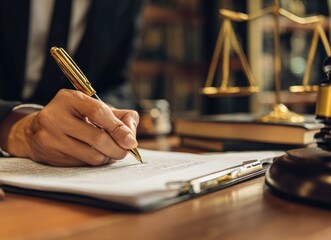 Close-up of lawyer signing legal document
