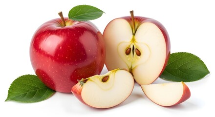 Fresh ripe red apples whole and sliced with green leaves on white background