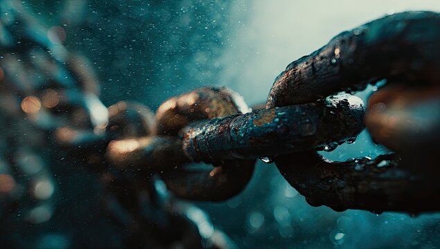 Close-up of a weathered metal chain with water droplets - Powered by Adobe