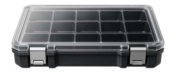 Shallow modular tool case with grid-like compartments and a clear top for organizing small parts.