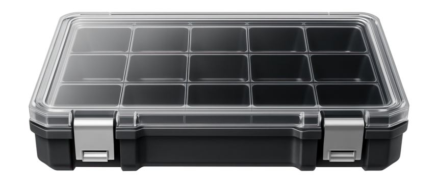Shallow modular tool case with grid-like compartments and a clear top for organizing small parts.
