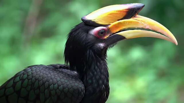 Close-up of a majestic hornbill bird, showcasing its unique yellow casque and black plumage in a natural jungle setting.