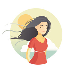 Relaxed Woman with Hair Blowing in Wind and Sun Setting Vector