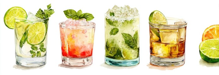 Watercolor illustration of four different cocktails (2)