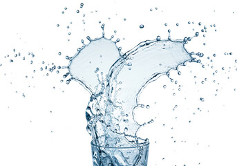 Pristine, clear water splash with countless droplets and delicate streams, arcing dynamically, frozen in motion, against a stark, shadowless white background. Concept of purity and vitality