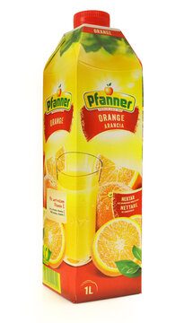 Pfanner orange taste juice box packaging isolated on white background