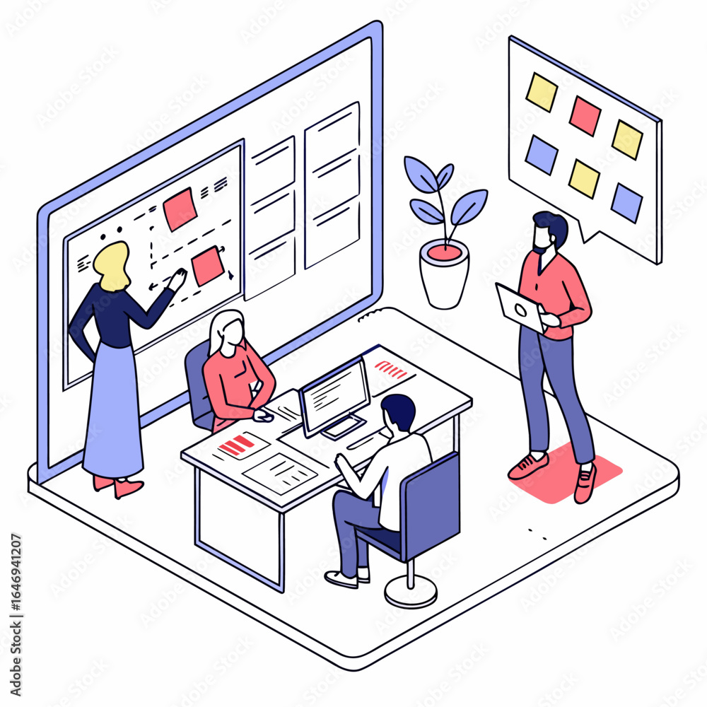 Poster isometric illustration of a team collaborating in an office with a whiteboard and computer display a