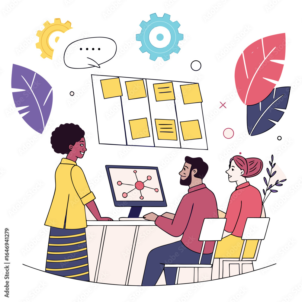 Poster illustration of three people in a meeting with sticky notes and a computer screen showing a network 