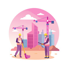 Construction Workers Sweeping Site with Cranes and City Skyline Vector