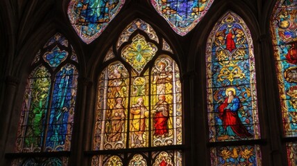 Vibrant gothic stained glass windows illuminating a cathedral interior