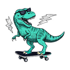 Cool T-Rex Dinosaur on Skateboard with Sunglasses Retro Vector