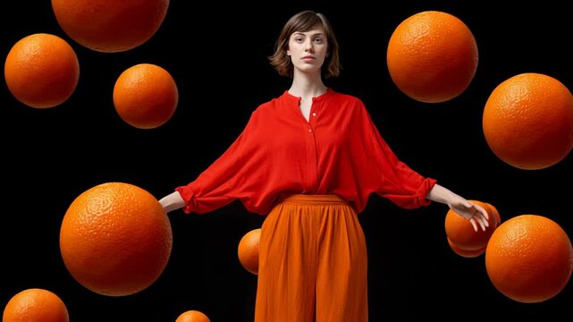 Woman in vibrant red blouse and orange trousers gracefully interacts with floating oranges, showcasing a dynamic visual sequence that captures the essence of movement and creativity in a striking blac