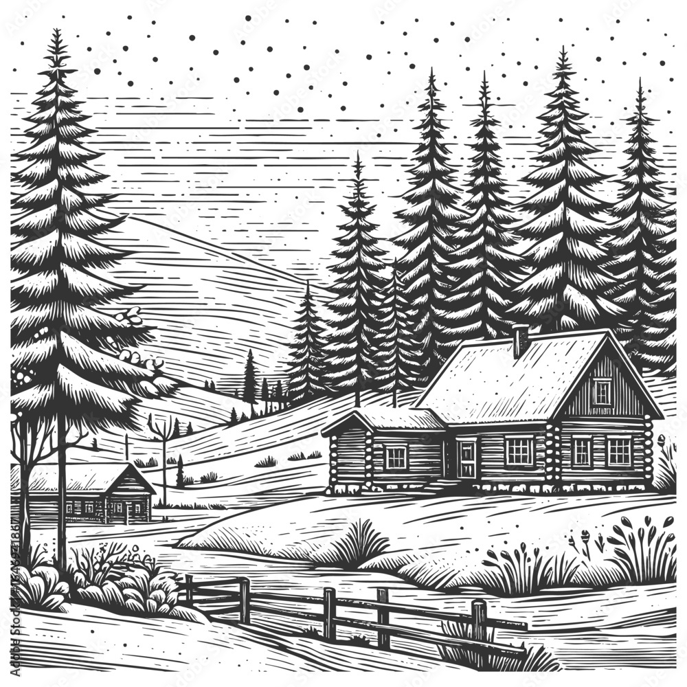 Poster rustic log cabin surrounded by tall pine trees and snow, with a wooden fence in the foreground sketc