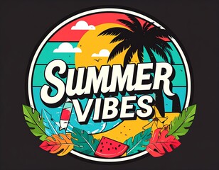 Retro summer scene with palm tree, beach, and surfboard, vibrant colors