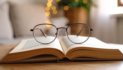 Open Book With Glasses On Wooden Table