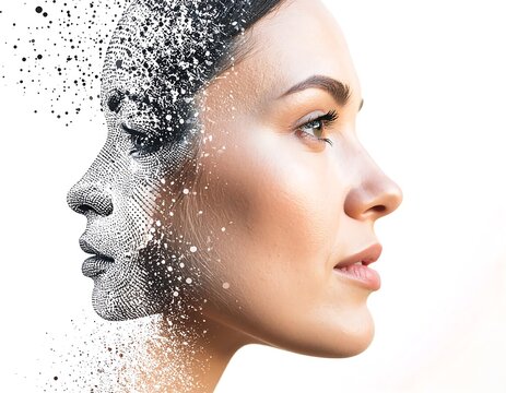 Profile view of a woman's face, half transforming into a digital, pixelated form