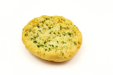 crunchy buttered bruschetta piece isolated on white background