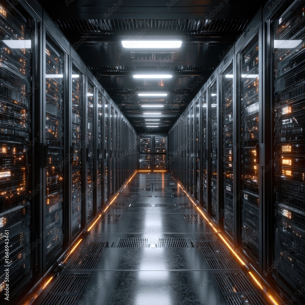 Poster server room hallway with racks lights and metallic floor creating a sense of depth