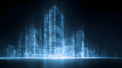 A blue hologram of modern highrise building on dark background with glowing lines and white buildings construction engineering concept, real estate business or digital