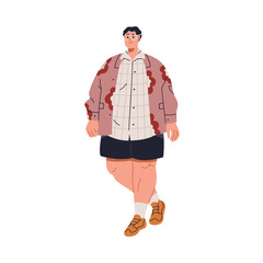 Man with plus-size fat body, walking outdoors. Young body-positive male with chunky chubby figure, strolling in casual summer outfit, glasses. Flat vector illustration isolated on white background