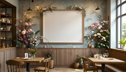 Modern cafe with floral decor and blank frame awaits you