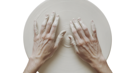 Hands skillfully mold soft clay on a spinning pottery wheel in a creative workshop setting