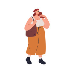 Fototapeta na wymiar Happy young woman with plus-size fat chubby figure, walking outdoors, smiling. Chunky body-positive female, girl in casual summer clothes, bag. Flat vector illustration isolated on white background