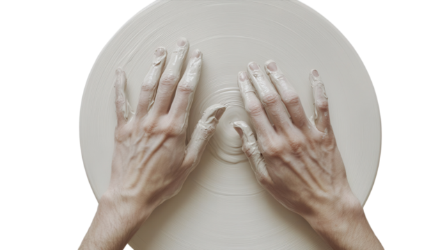 Hands skillfully mold soft clay on a spinning pottery wheel in a creative workshop setting