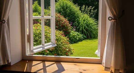 View through open window with white frame onto lush green garden with vibrant flowers and sunlight