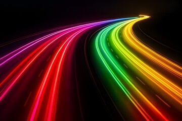 Vibrant rainbow light trails curving into the distance on a dark background creating a sense of speed and futuristic movement