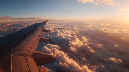 Obraz premium Serene Sunset Over Clouds from Airplane Wing in Golden Light