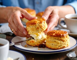 Hands Spreading Buttercream On Golden Scones