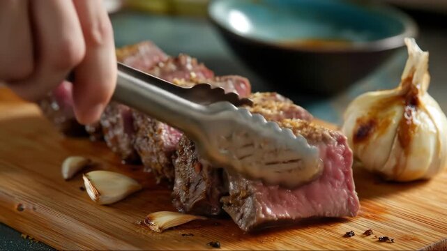 A juicy medium rare steak sliced on wooden board with roasted garlic cloves savory food presentation highlighting tenderness and flavor