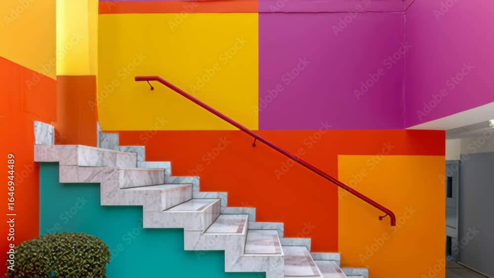 Poster vibrant staircase with colorful walls transitions through a dynamic scene, showcasing a blend of ora
