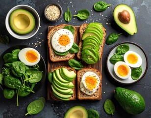 Avocado Toast Breakfast With Eggs And Spinach On Dark Background