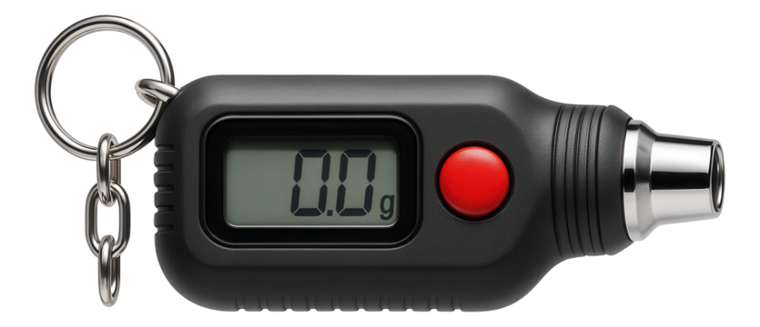 Portable tire pressure gauge with a keychain attachment for convenient storage in a glove compartment.