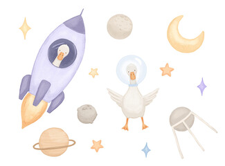 Cute silly watercolor goose in rocket, children illustration isolated on white background, funny art for baby astronaut