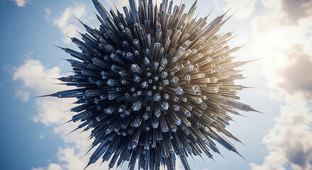 A spherical cluster of skyscrapers points outwards, resembling a futuristic cityscape floating in a bright, cloudy sky.