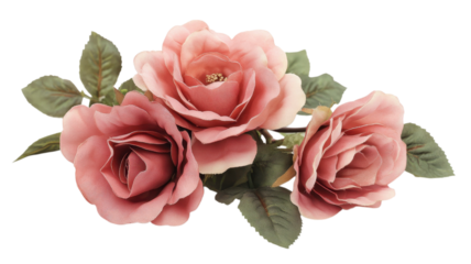 Three elegant pink artificial roses with green leaves create a lovely floral arrangement on a plain background