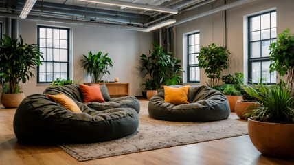 Cozy Lounge with Green Bean Bags, Throw Pillows, and Natural Light