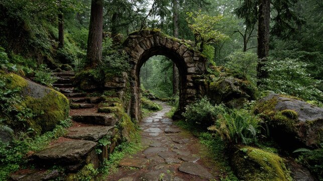 Stone archway in lush green forest with pathway and stairs