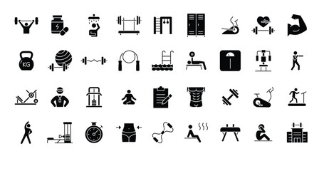 Gym icon set. Simple solid style. Sports equipment, exercises, Weight, strength, movement, sauna, dumbbell, yoga, boxing and more. Silhouette, glyph symbol. Vector isolated design