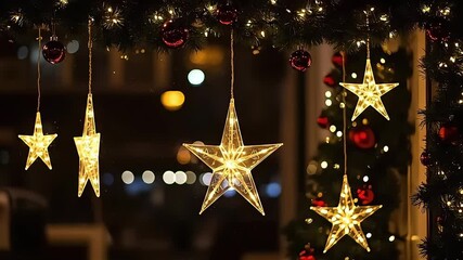 Warm glowing star lights and red baubles adorning a festive Christmas garland, creating a magical holiday atmosphere. - Powered by Adobe