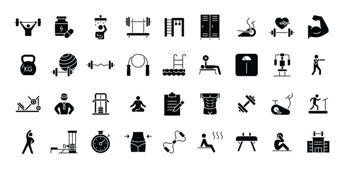 Gym icon set. Simple solid style. Sports equipment, exercises, Weight, strength, movement, sauna, dumbbell, yoga, boxing and more. Silhouette, glyph symbol. Vector isolated design