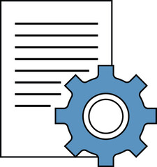 A document icon with horizontal lines of text, accompanied by a blue gear or cogwheel, symbolizing process, settings, or technical documentation.