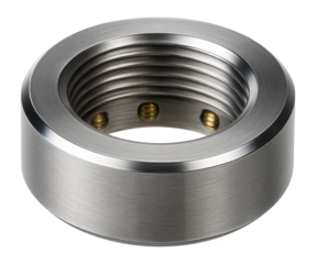 Aluminum lock nut with left-hand threading for aerospace components.