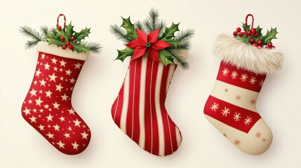 Three christmas stockings decorated with holly pine and berries hanging on white background festive scene