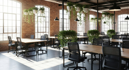 Fototapeta premium Modern Office Interior with Brick Walls and Hanging Plants coworking workspace